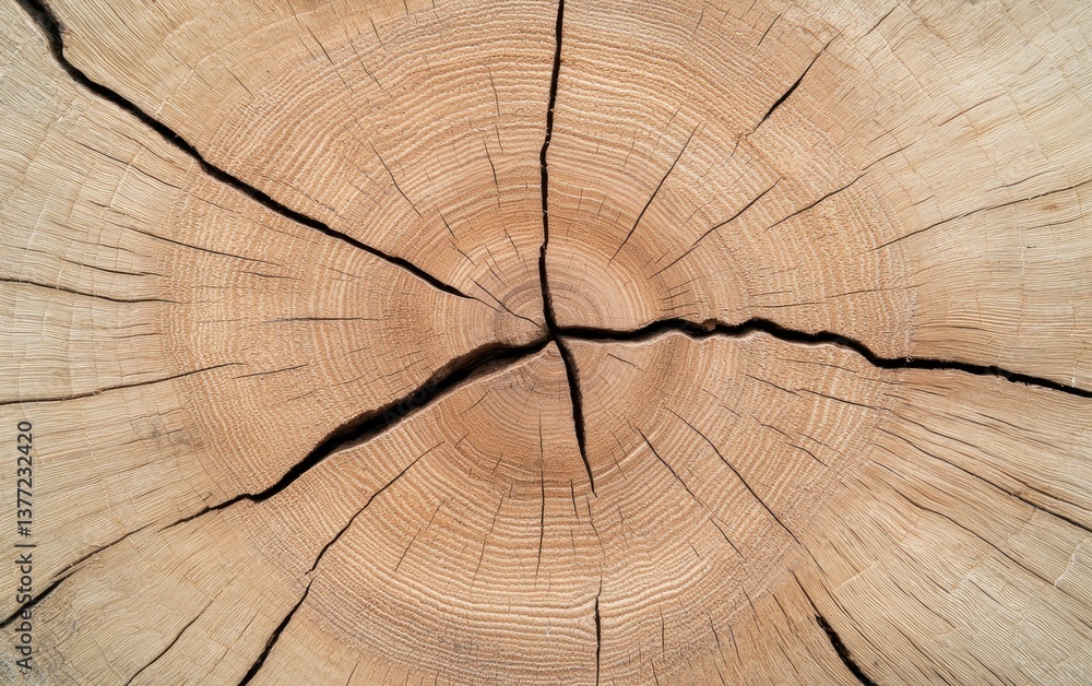 Fototapeta premium Close-up view of a tree stump cross-section, showcasing concentric rings and radial cracks. Light brown and beige tones dominate the image, with dark brown lines indicating cracks. The texture is
