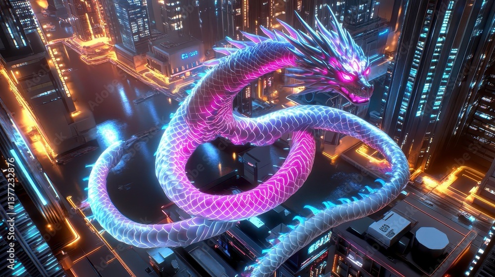 Obraz premium Neon Dragon Cyberpunk Cityscape - Cyberpunk aesthetics