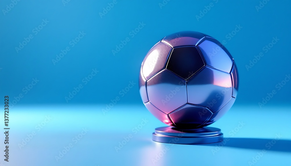 Fototapeta premium Shiny Metallic Soccer Ball on Stand with Blue Background Illustration