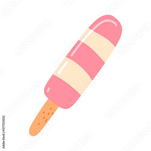 Delicious pink and cream striped ice cream treat on a wooden stick in a fun cartoon style