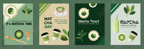 Matcha poster templates showcasing a variety of matcha drinks,including hot tea,lattes,and iced beverages. Ideal for cafes and tea brands,cards, banner, brochure, cover or another design.Vector art.