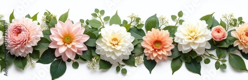 Floral arrangement with dahlias, ranunculus, hydrangea, surrounded ivy leaves on white background. Fresh blossoms for event decoration. Wedding, bridal, floral design concepts.