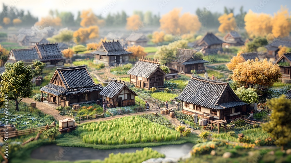 Obraz premium Charming small town featuring a collection of houses set in a scenic landscape with rolling hills and natural beauty 