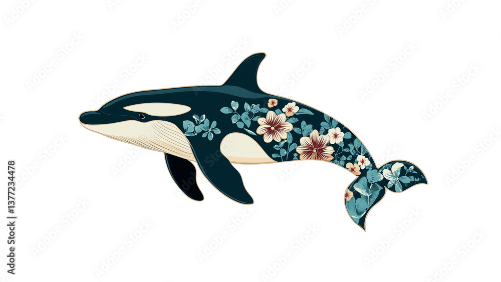 Obraz premium Orca Whale with Floral Design - Elegant Marine Life Illustration