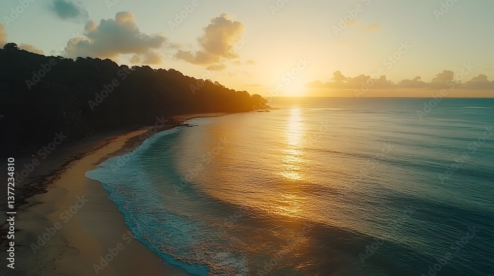 Fototapeta premium Serene tropical beach at sunset with vibrant colors reflecting on calm waves and silhouettes of palm trees 