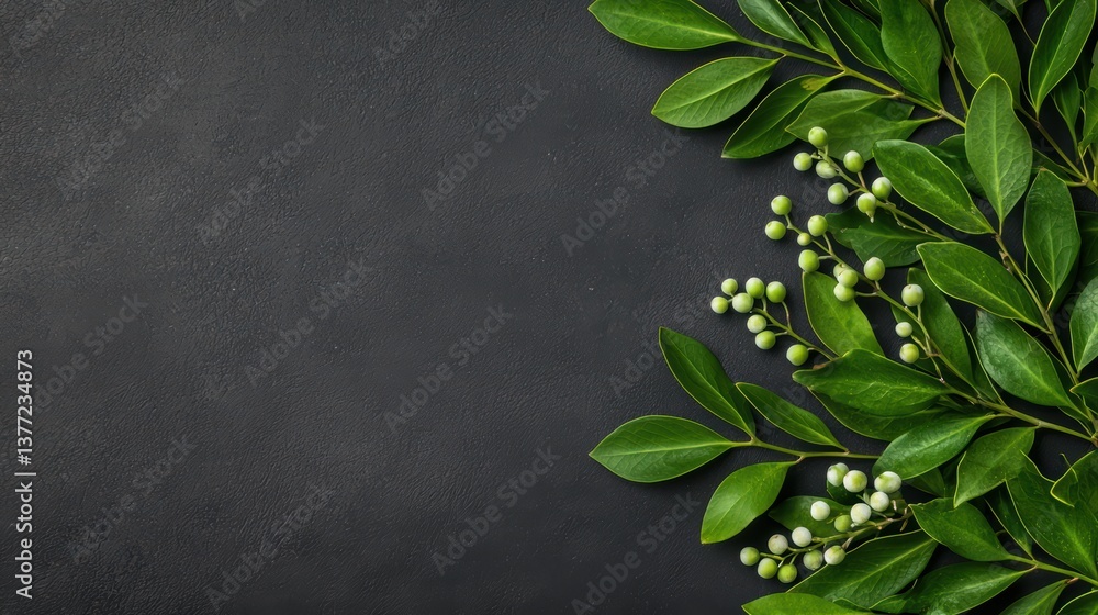 Fresh green leaves and berries on a dark textured background Fresh green leaves and berries on a dark textured background