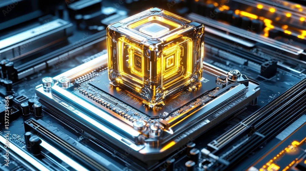 Glowing CPU Chip on Motherboard - Abstract technology Glowing CPU Chip on Motherboard - Abstract technology
