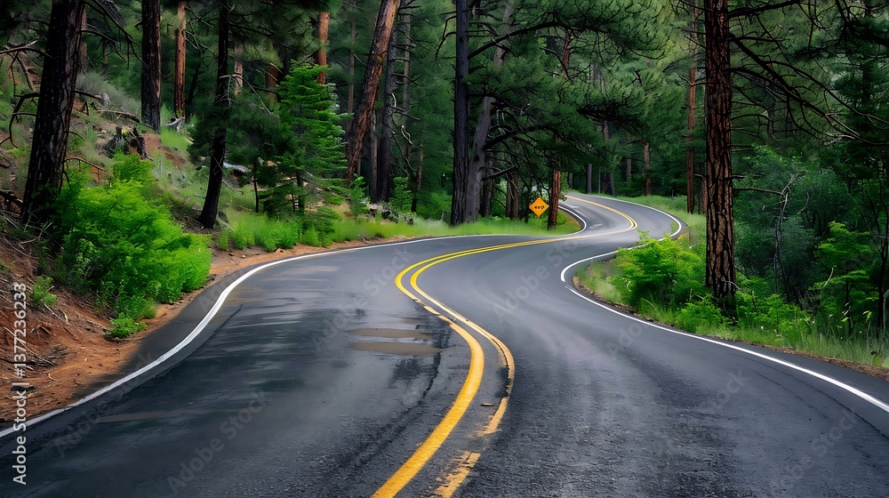 Naklejka premium Asphalt road in the green forest