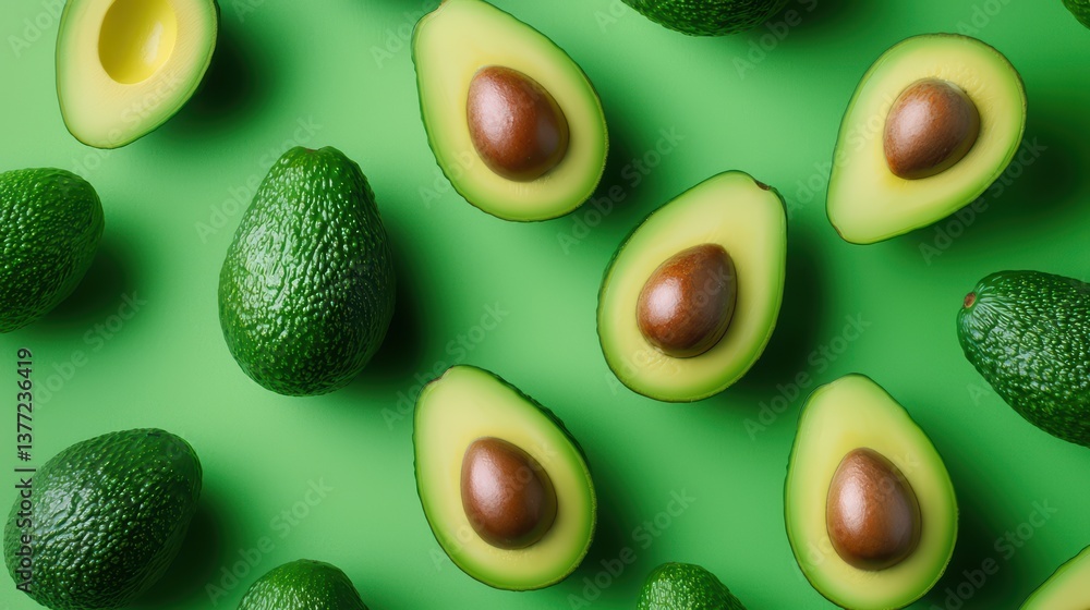 Fresh avocados arranged on a vibrant green background Fresh avocados arranged on a vibrant green background