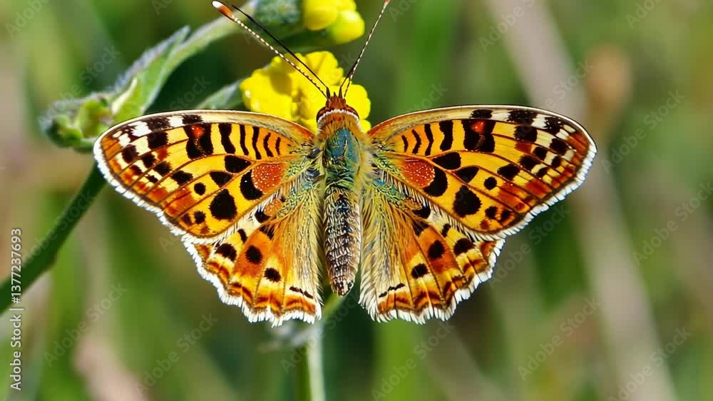 Vibrant butterfly perched on yellow flower in a lush green meadow under bright sunlight Vibrant butterfly perched on yellow flower in a lush green meadow under bright sunlight