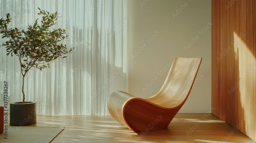 Fototapeta premium A modern wooden chair positioned by a window with natural light and a plant nearby.