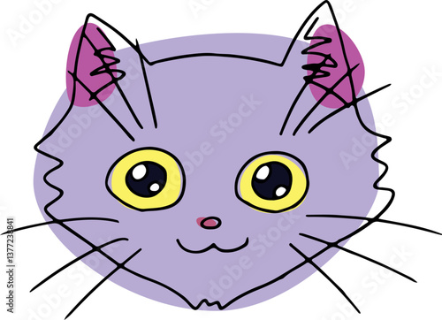 cute head of shaggy smiling cat with yellow shiny eyes with protruding whiskers looking at camera, hand drawing with black curved lines