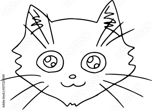 cute head of shaggy smiling cat with protruding whiskers looking at camera, hand drawing with black curved lines