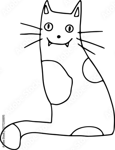 cute smiling cat with protruding fangs with whiskers and spots on the body sits and looks at the camera, hand drawing with black curved lines