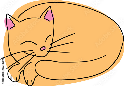 happy ginger cat with long whiskers with closed contented eyes lies curled up and holding its tail to itself, hand drawing with curved lines