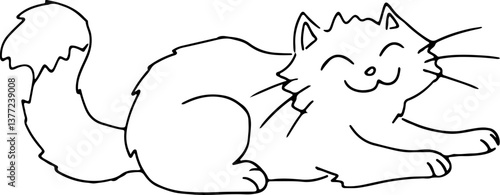 happy shaggy smiling cat with fluffy tail lies on stomach with paws outstretched, hand drawing with black curved lines