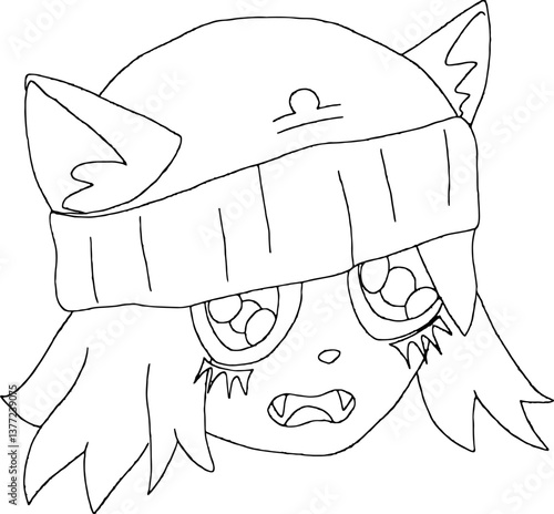 cute kawaii cat head of neko girl with hat pulled down over eyes with short hair opened mouth with fangs and looking at camera, hand drawn grunge style