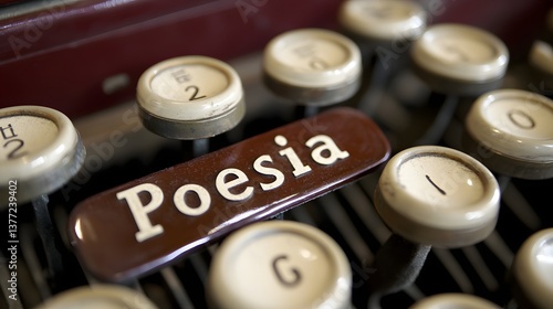 Vintage typewriter keys displaying the word poesia
