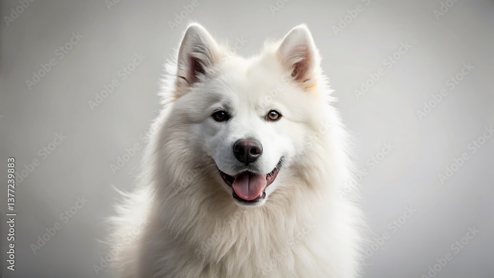 Happy Samoyed Dog Portrait, Fluffy White Dog Isolated on Black Background, Pet Photography Happy Samoyed Dog Portrait, Fluffy White Dog Isolated on Black Background, Pet Photography