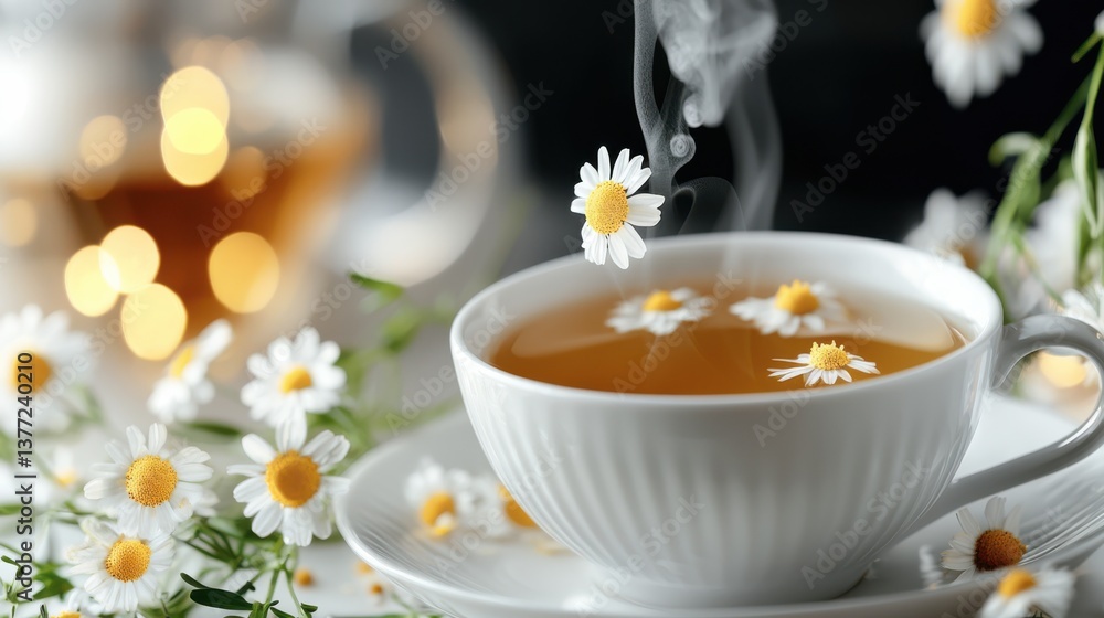 Delicate Cup of Tea with Beautiful Flower Floating Creating Tranquility Delicate Cup of Tea with Beautiful Flower Floating Creating Tranquility