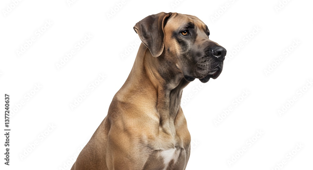 Tan Great Dane on white background, showcasing its muscular build and elegant demeanor. Dignified profile in clear, well-lit shot. Tan Great Dane on white background, showcasing its muscular build and elegant demeanor. Dignified profile in clear, well-lit shot.