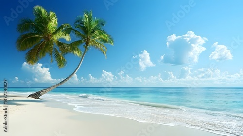 Wallpaper Mural Picturesque beach scene with a majestic palm tree casting shadows on the soft white sand under bright sunlight Torontodigital.ca