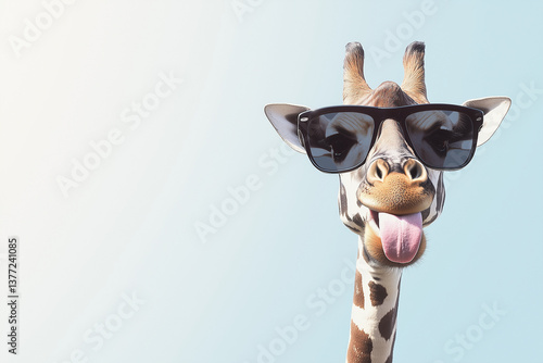comical giraffe wearing sunglasses and sticking out its tongue