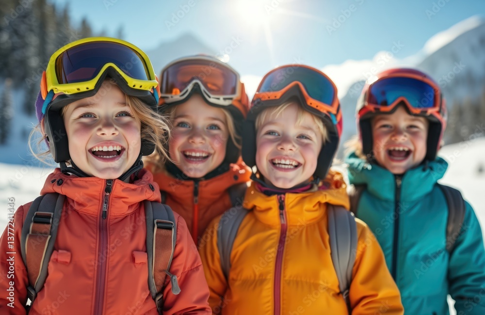 Fototapeta premium Four happy kids wear winter sports gear and goggles in snowy mountains. Children smile, having fun on winter holidays. Winter sports vacation, active leisure, healthy lifestyle.