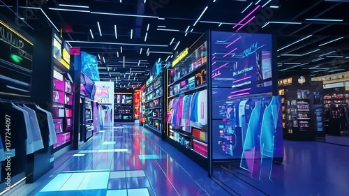 Futuristic Retail Experience Neon Lit Store with Interactive Displays and Modern Merchandise