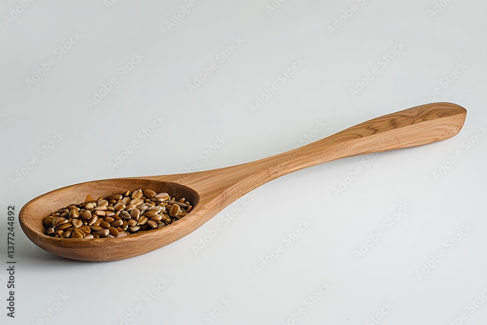 Wooden spoon with sunflower seeds isolated on a white background Wooden spoon with sunflower seeds isolated on a white background
