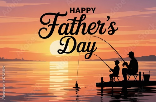 Silhouette of father and child fishing at sunset with 'Happy Father's Day' text.