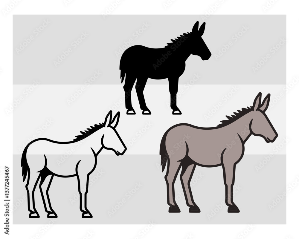 Fototapeta premium Donkey SVG Silhouette Bundle, Animal Svg, Donkey Silhouette, Donkey Svg Files, Donkey Clipart, Donkey Png, Donkey monogram, Split Monogram, Circle Monogram,