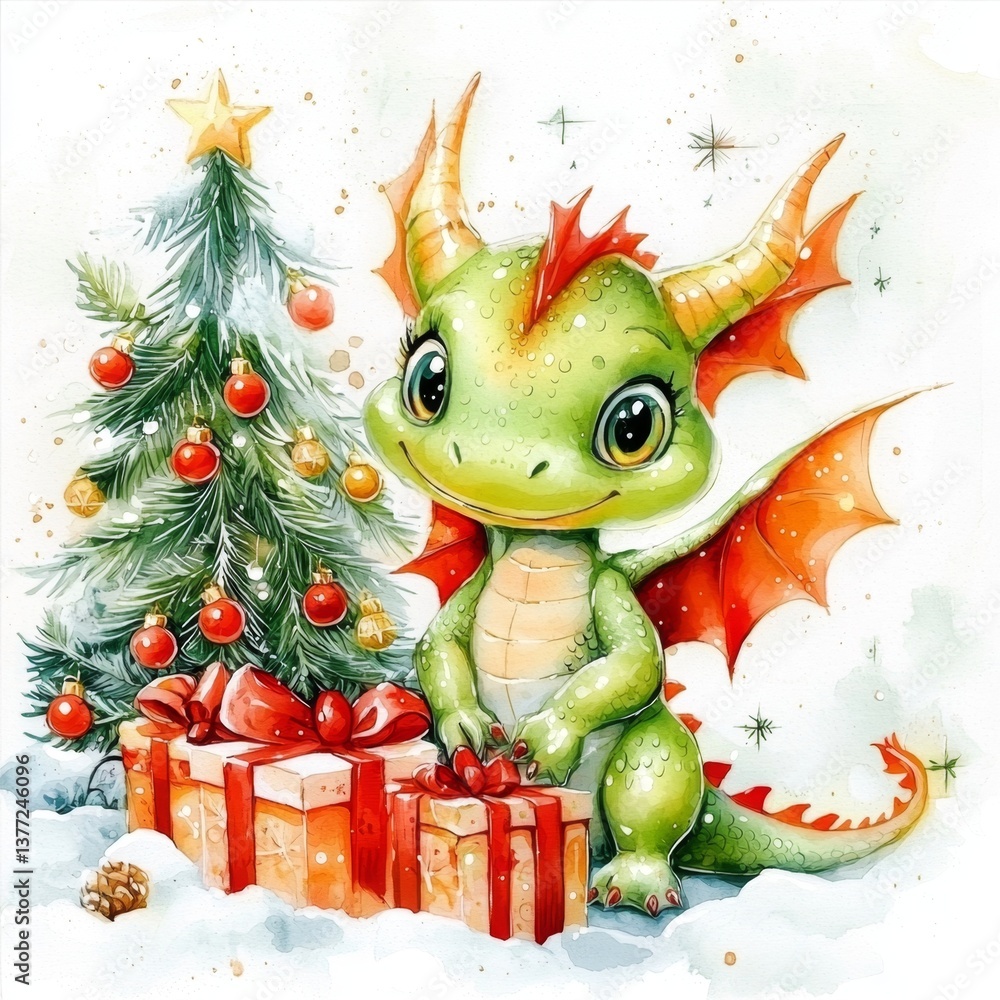 Obraz premium Charming dragon surrounded by Christmas ornaments and gifts.