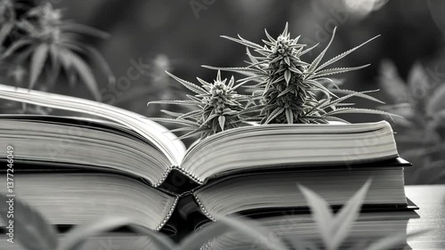 Book resting on a table surrounded by cannabis plants in a serene outdoor garden setting during daylight