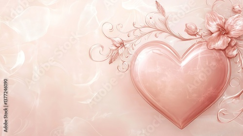 A pink glossy heart with floral embellishments and soft background