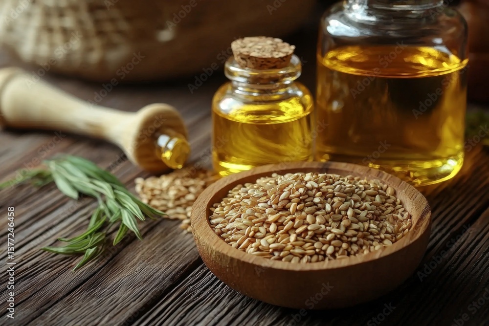 Rustic wooden table featuring sesame seeds essential oil and crafting tools. Rustic wooden table featuring sesame seeds essential oil and crafting tools.