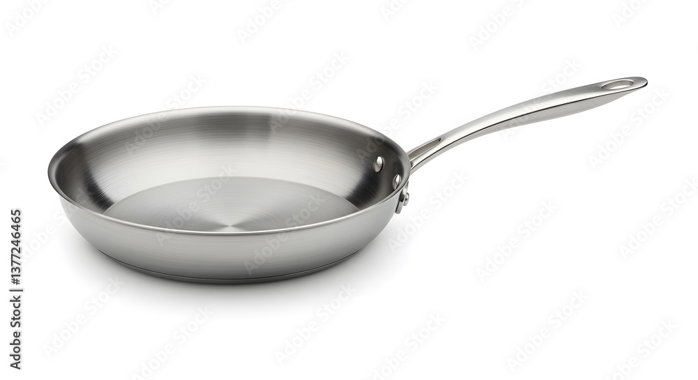 Sleek Stainless Steel Frying Pan with Ergonomic Handle on White Background Sleek Stainless Steel Frying Pan with Ergonomic Handle on White Background