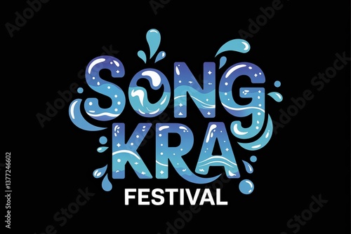 Colorful Songkran festival logo with water splash elements on a dark background.
