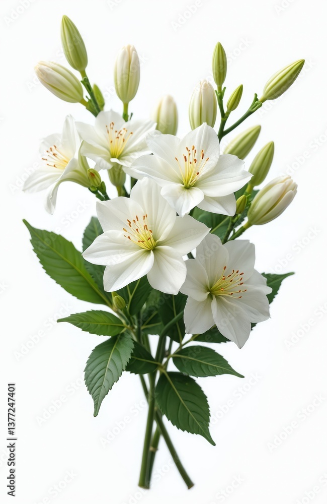 Obraz premium Elegant white flower bouquet isolated on white background. Blossoming petals, green leaves with detailed texture, natural stems. Ideal for various design projects related to weddings, celebrations,