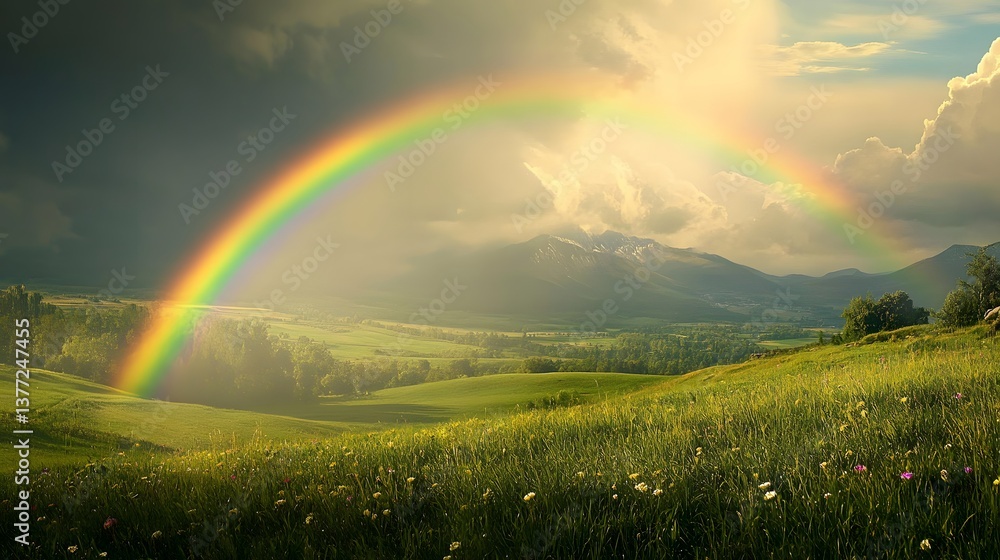 Naklejka premium Rainbow over mountain meadow