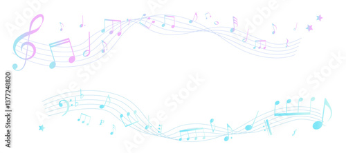 レトロな遠近感のある楽譜のフレームイラスト　五線譜　背景イラスト　音符、休符、音楽記号のイラスト