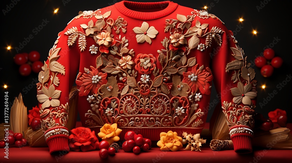 Fototapeta premium Ornate Red Sweater with Intricate Floral Embroidery