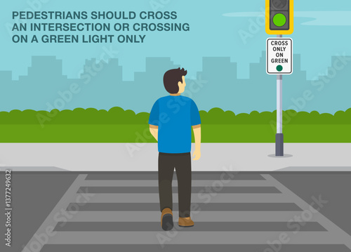 Safe driving tips and traffic regulation rules. Cross only on green sign. Back view of a male pedestrian crossing the street. Flat vector illustration template.
