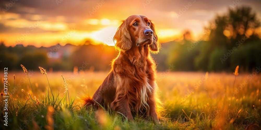Irish Setter Dog at Sunset in Meadow - Pensive & Thoughtful Irish Setter Dog at Sunset in Meadow - Pensive & Thoughtful