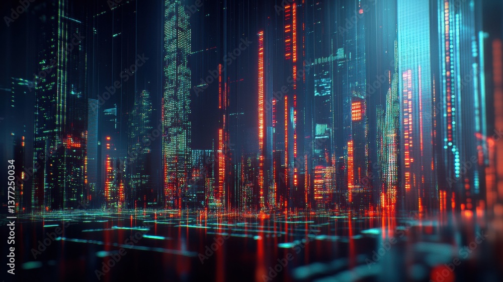 Fototapeta premium Futuristic City Nightscape with Vibrant Neon Lights and Rain