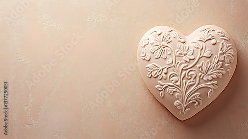 An embossed floral heart shape rests on a light pink surface