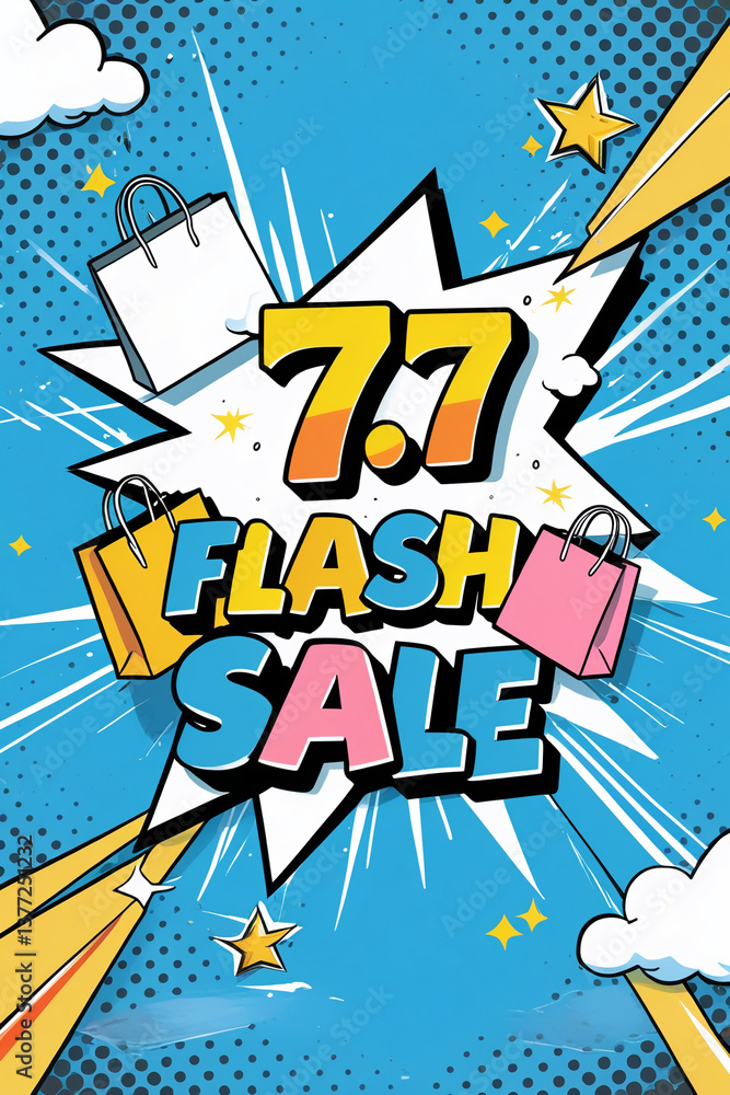 Fototapeta premium AI Generative. Poster design of 7.7 flash sale with halftone dots and blue explosion burst shape with a thick black outline. Above the bags, a white sign. 2