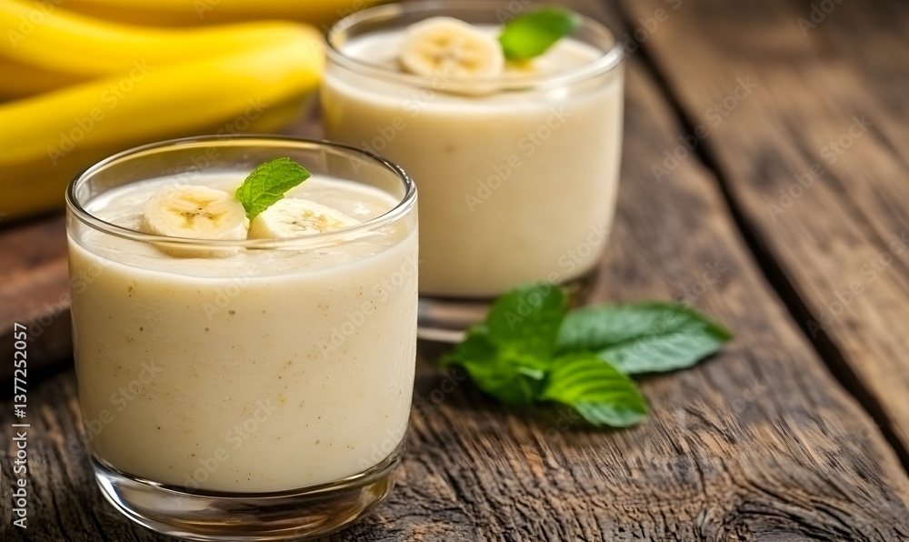 banana smoothie served in a glass with fresh bananas, Generative AI banana smoothie served in a glass with fresh bananas, Generative AI