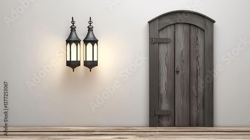 Illuminated lanterns flank a dark wooden arched door on a light wall above a wood floor