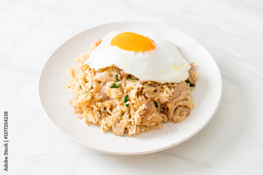 fried rice with pork and fried egg in Japanese style fried rice with pork and fried egg in Japanese style